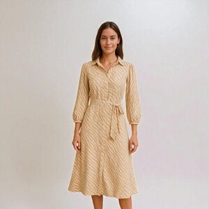 Harlow & Rose Beige Zebra Print Belted Collared Midi Shirt‎ Dress Women’s Size S